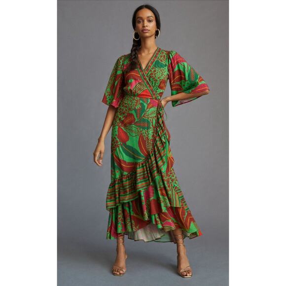 Farm Rio Smal Floral Tropical Green Flutter Sleeve Tiered Ruffle Maxi Wrap Dress - Picture 1 of 13